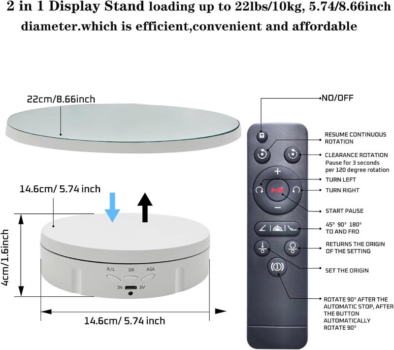 JAYEGT 2 in 1 Motorized Rotating Display Stand with 5.74 /8.66 inch Replacement Mirror Cover，Max 22lbs Load with Remote controller , 360 Degree Electronic Turntable Display Stand for Photography - Image 4